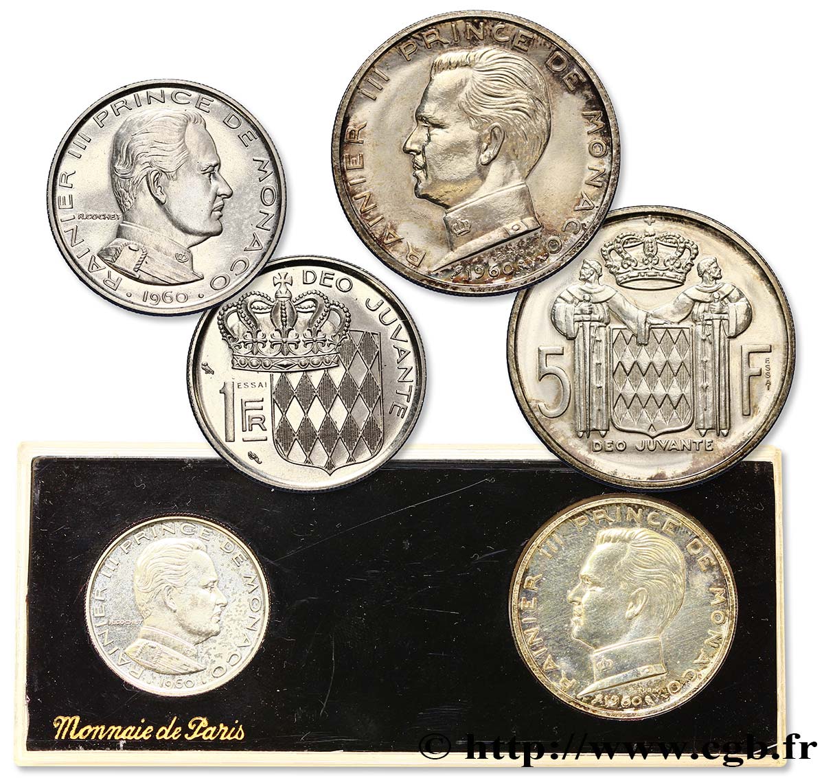 MONACO Boîte de 1 et 5 Francs ESSAI 1960 Paris MS 
