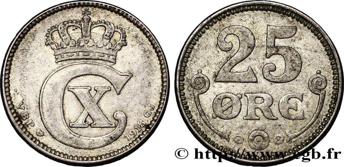 DENMARK 25 Ore monogramme de Christian X roi du Danemark 1918 Copenhague XF 