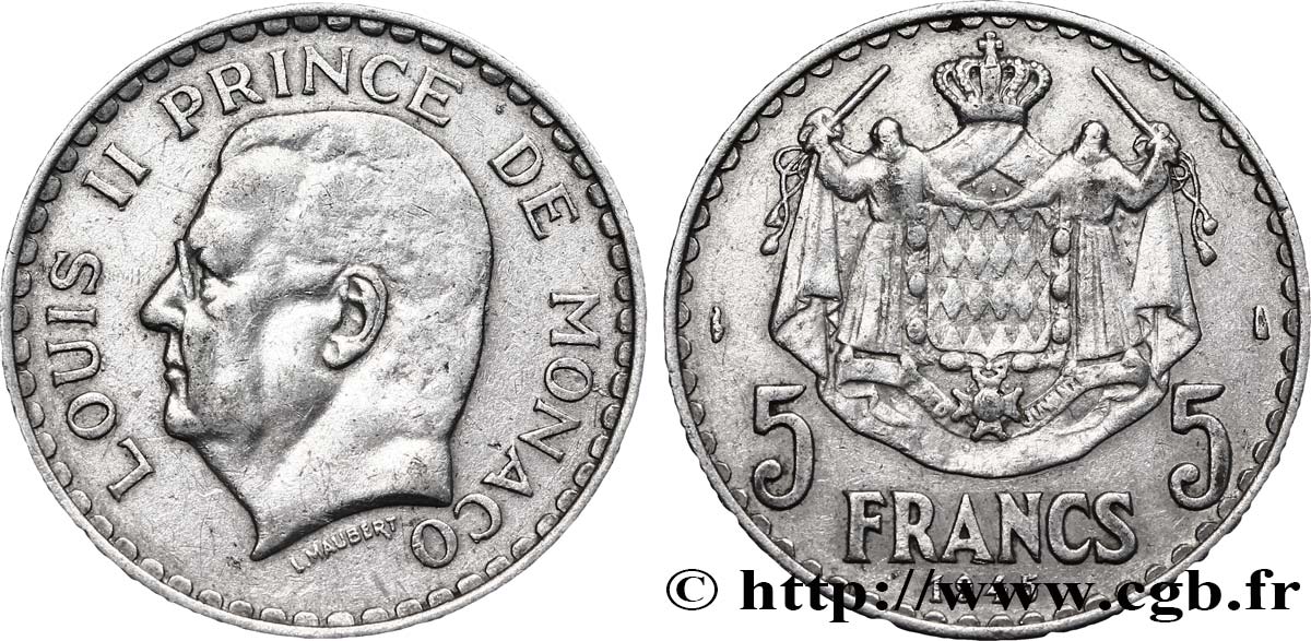 MONACO 5 Francs Louis II / armoiries 1945 Paris SS 