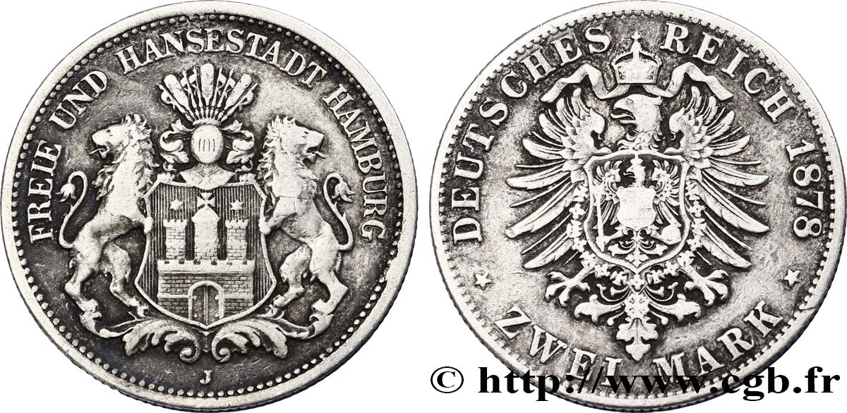 GERMANIA - LIBERA CITTA DE AMBURGO 2 Mark 1878 Hambourg q.BB 