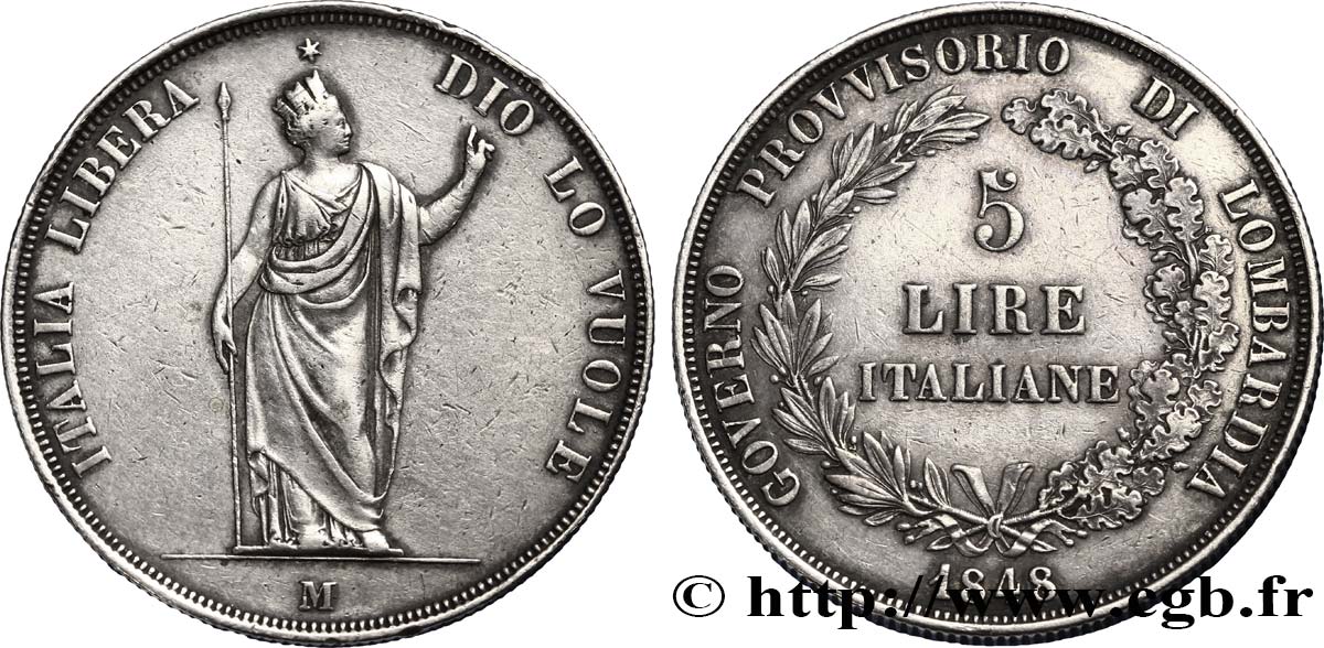 ITALY - LOMBARDY 5 Lire Gouvernement provisoire de Lombardie 1848 Milan XF 