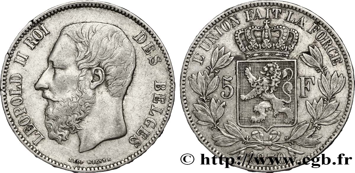 BELGIEN 5 Francs Léopold II tranche A 1870  SS 