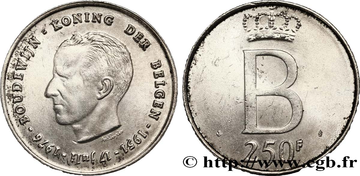 BELGIO 250 Francs jubilé d’argent du roi Baudouin légende flamande 1976 Bruxelles SPL 
