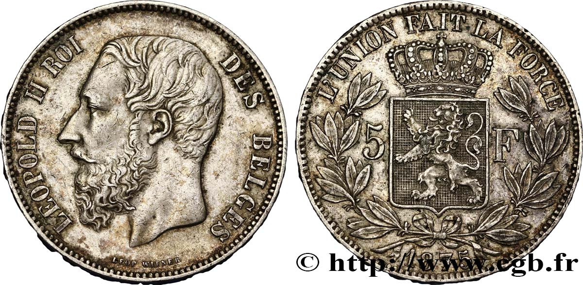 BELGIEN 5 Francs Léopold II 1875  SS 