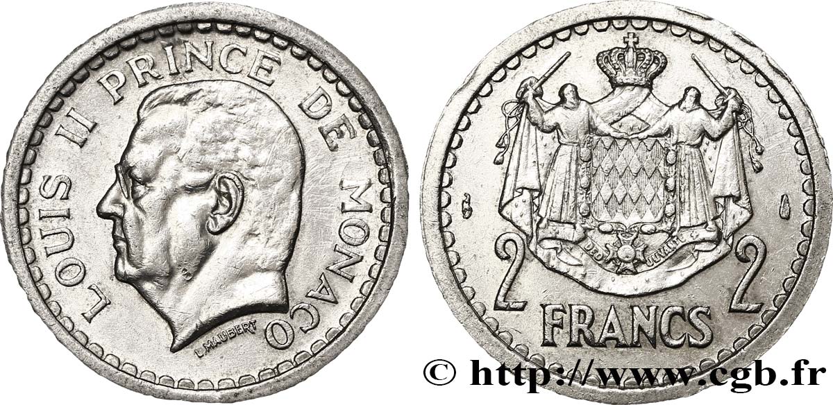 MONACO 2 Francs Louis II / armes 1943 Paris MBC+ 