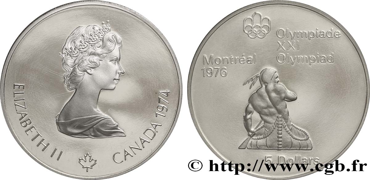 CANADA 5 Dollars Proof JO Montréal 1976 indien sur canoë / Elisabeth II 1974  MS 