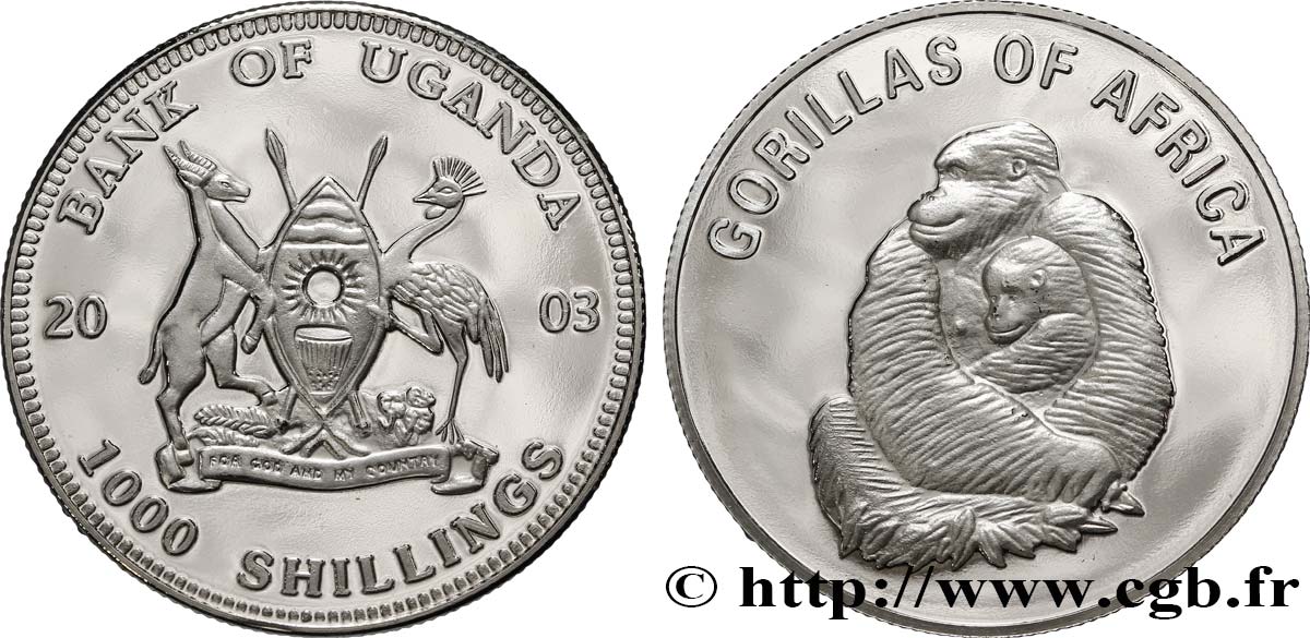 UGANDA 1000 Shillings Proof série Gorilles d’Afrique : emblème / femelle et jeune gorille 2003  MS 