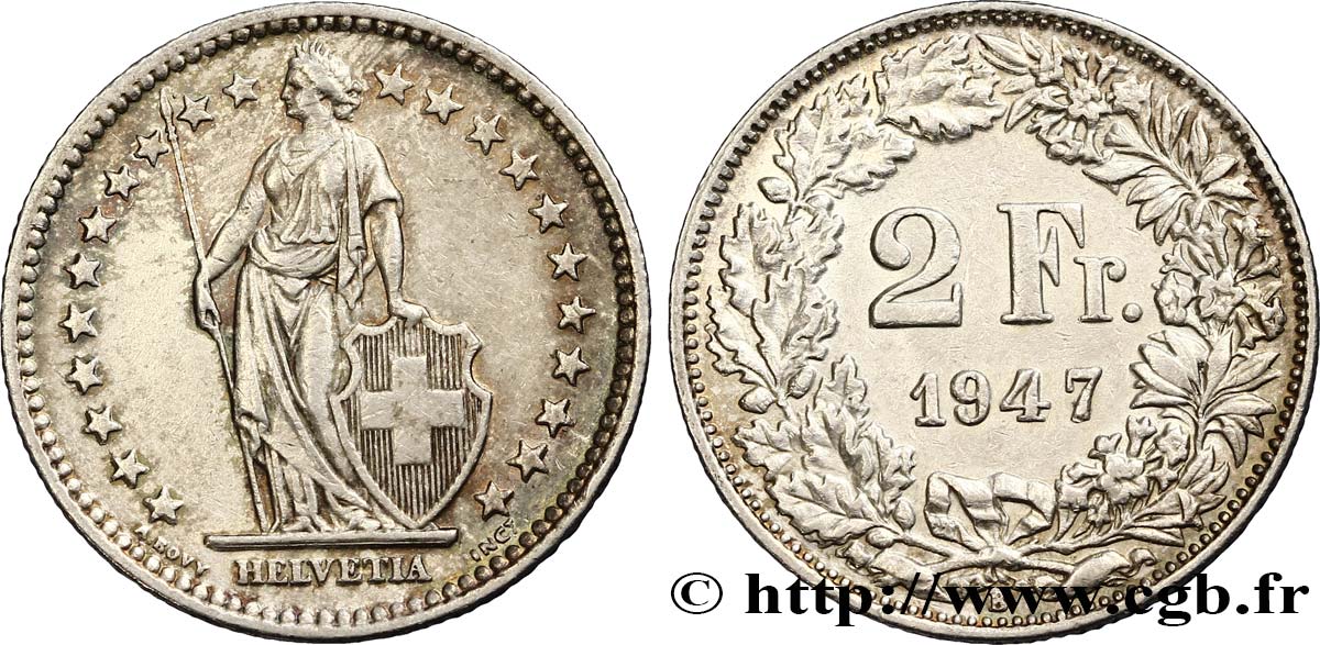 SWITZERLAND 2 Francs Helvetia 1947 Berne AU 