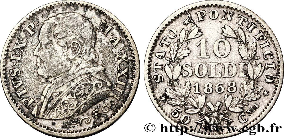 VATIKANSTAAT UND KIRCHENSTAAT 10 Soldi (50 Centesimi) 1868 Rome fSS 