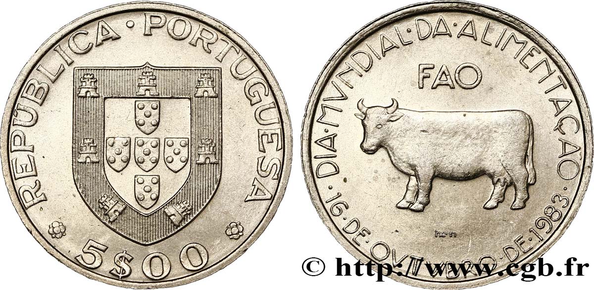 PORTUGAL 5 Escudos FAO Journée Internationale de l’Alimentation : emblème / vache 1983  SUP 
