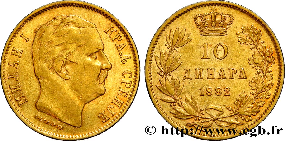 KINGDOM OF SERBIA - MILAN IV OBRENOVIC 10 Dinara 1882 Vienne XF 