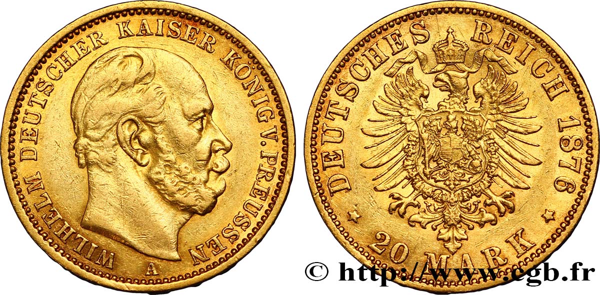 ALEMANIA - PRUSIA 20 Mark Guillaume Ier, 2e type 1876 Berlin MBC 