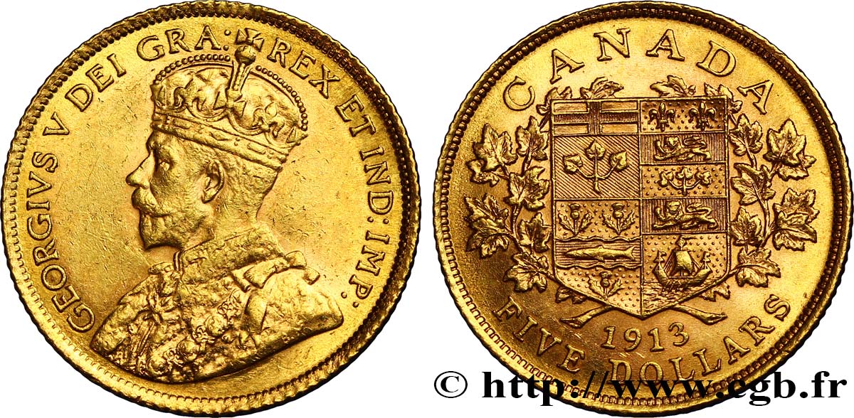 KANADA 5 Dollars or Georges V 1913 Ottawa VZ 