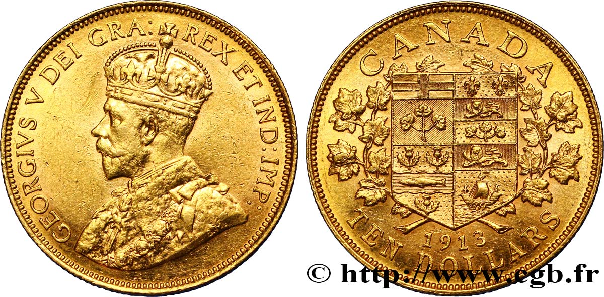 KANADA 10 Dollars or Georges V 1913 Ottawa VZ 
