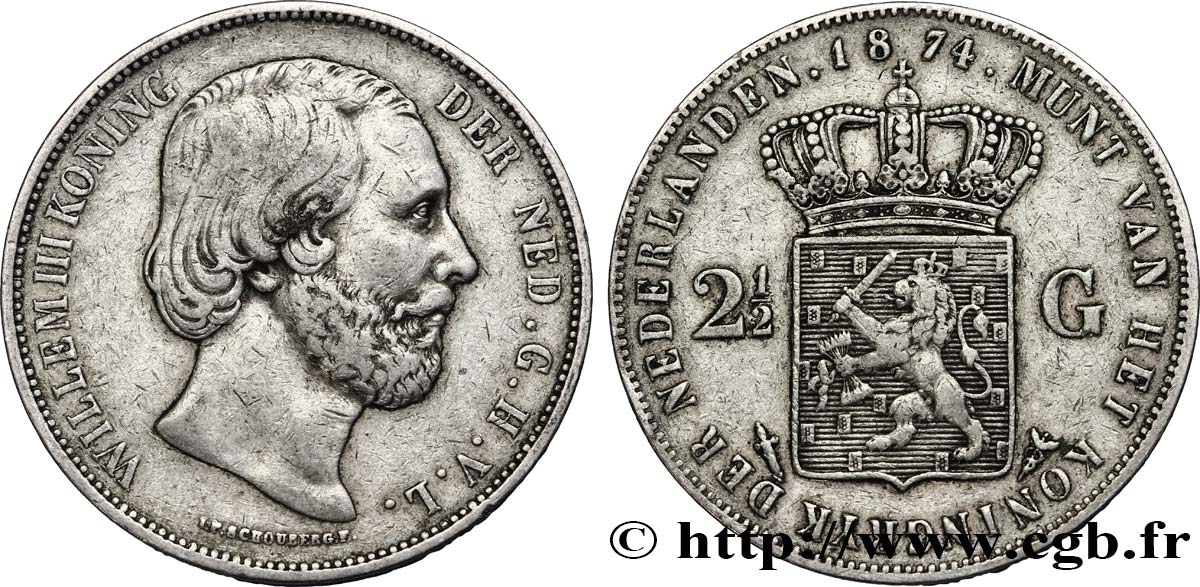 NETHERLANDS 2 1/2 Gulden Guillaume III 1874 Utrecht XF 