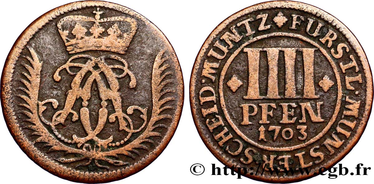 GERMANIA - MUNSTER 4 Pfenning monogramme du Prince-Évèque Frédéric Christian 1703  q.BB 