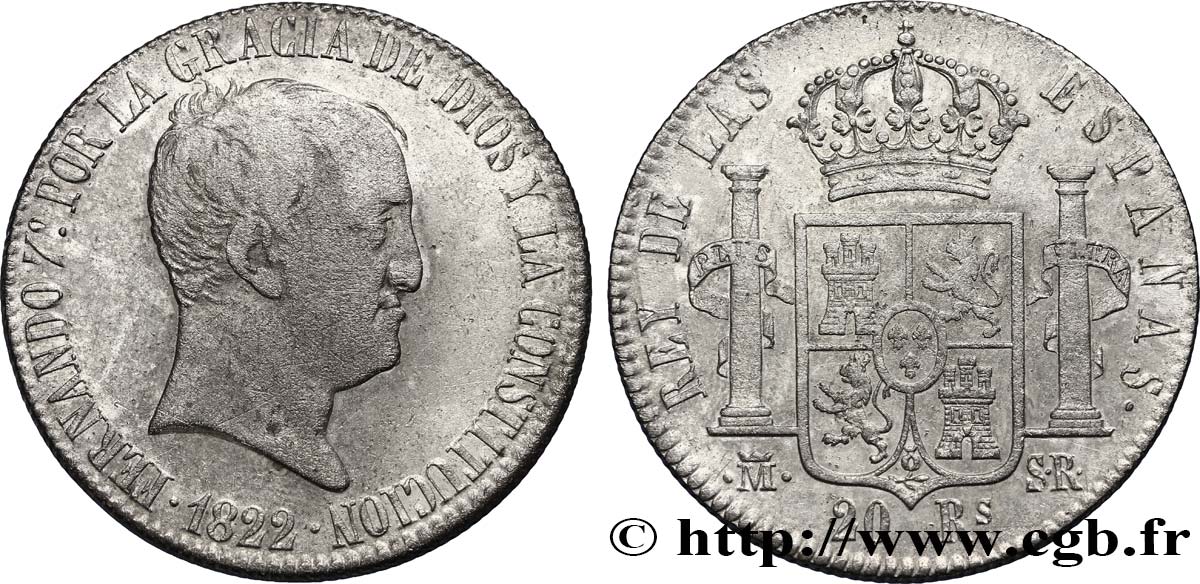 SPAIN 20 Reales Ferdinand VII 1822 Madrid XF/AU 