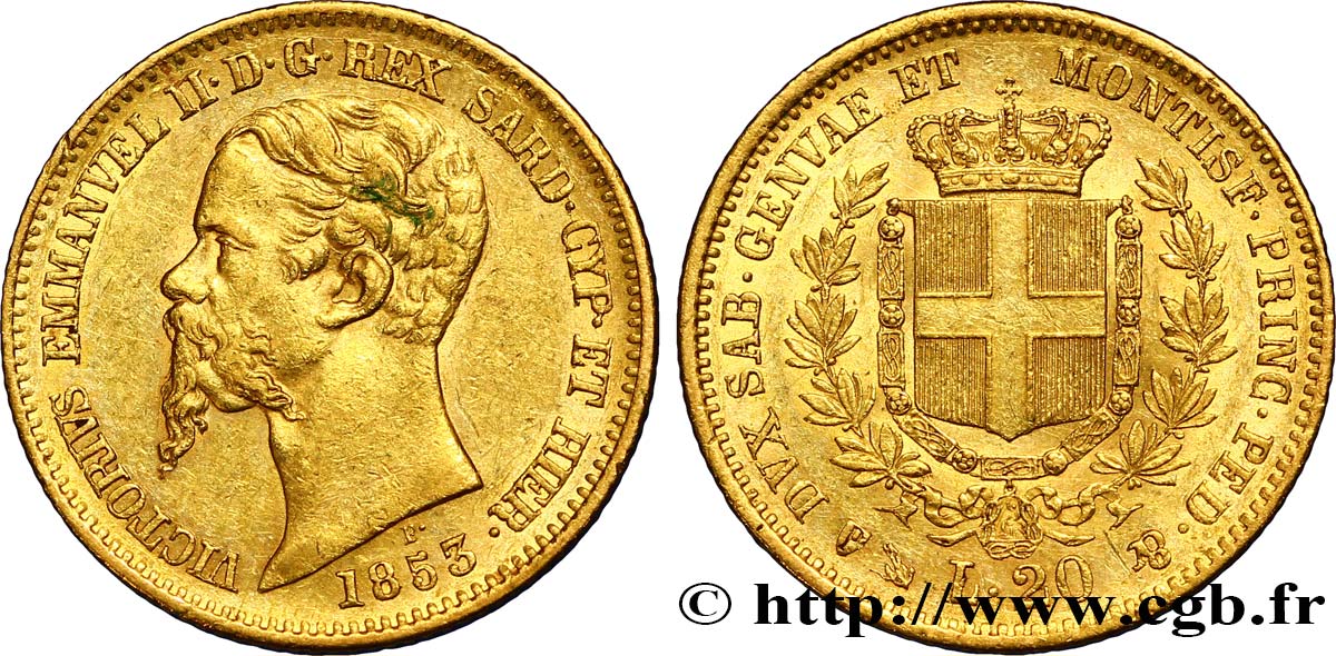 ITALY - KINGDOM OF SARDINIA 20 Lire Victor Emmanuel II 1853 Gênes AU/AU 