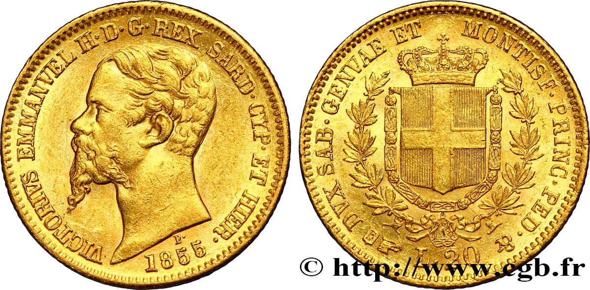ITALY - KINGDOM OF SARDINIA 20 Lire or Victor Emmanuel II 1855 Turin MS 