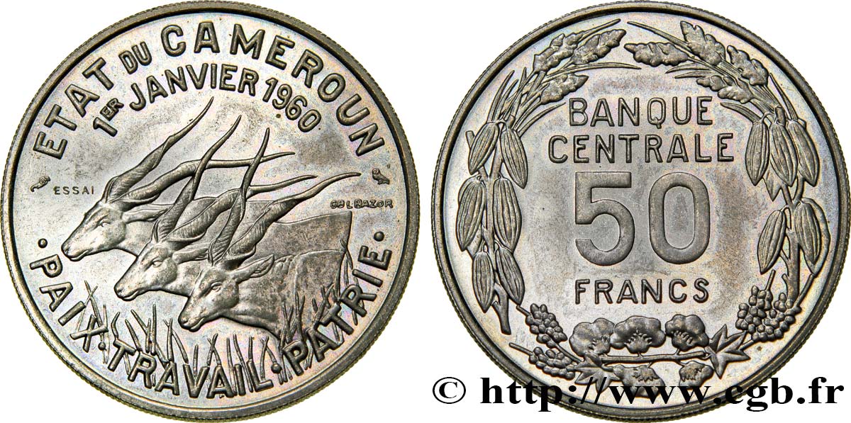 CAMEROON Essai de 50 Francs Etat du Cameroun, commémoration de l’indépendance, antilopes 1960 Paris MS 