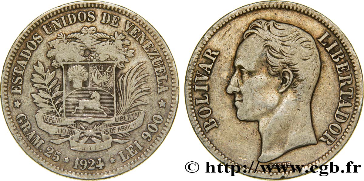 VENEZUELA 5 Bolivares Simon Bolivar 1924 Philadelphie VF 