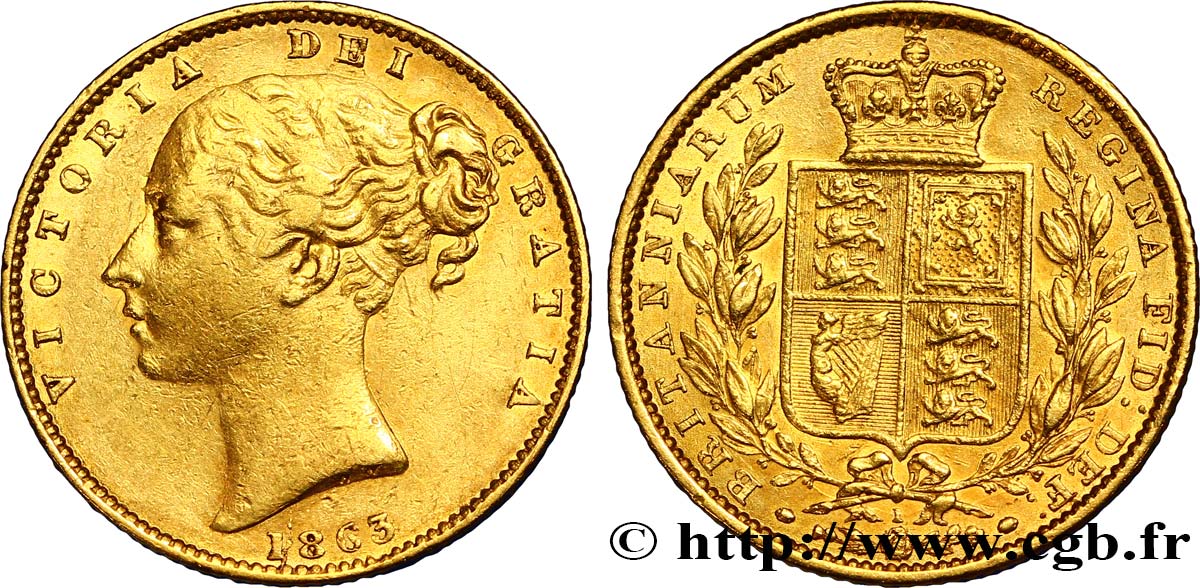 VEREINIGTEN KÖNIGREICH 1 Souverain Victoria variété avec numéro de coin, coin n°1 1863 Londres fVZ 