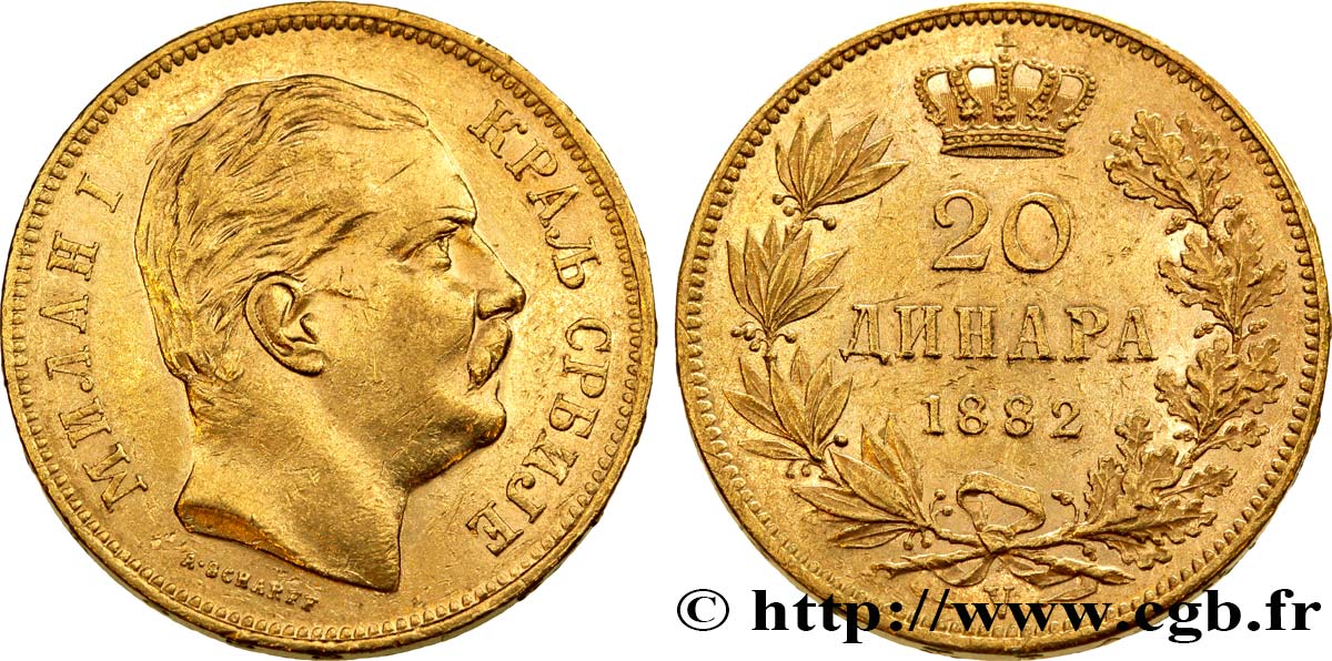 SERBIA 20 Dinara Milan IV Obrenovic 1882 Vienne EBC 