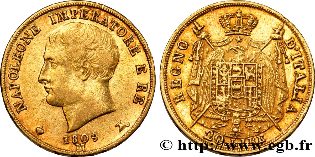 ITALY - KINGDOM OF ITALY - NAPOLEON I 20 Lire 1809 Milan XF 