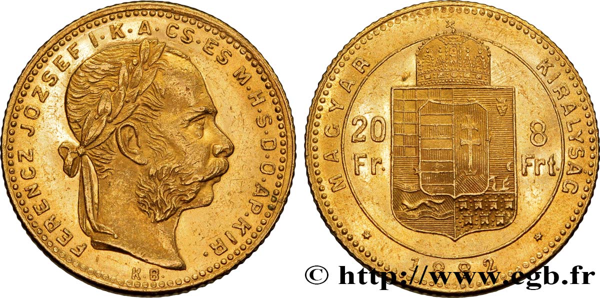 UNGARN 20 Francs or ou 8 Forint, 2e type François-Joseph Ier 1882 Kremnitz VZ 