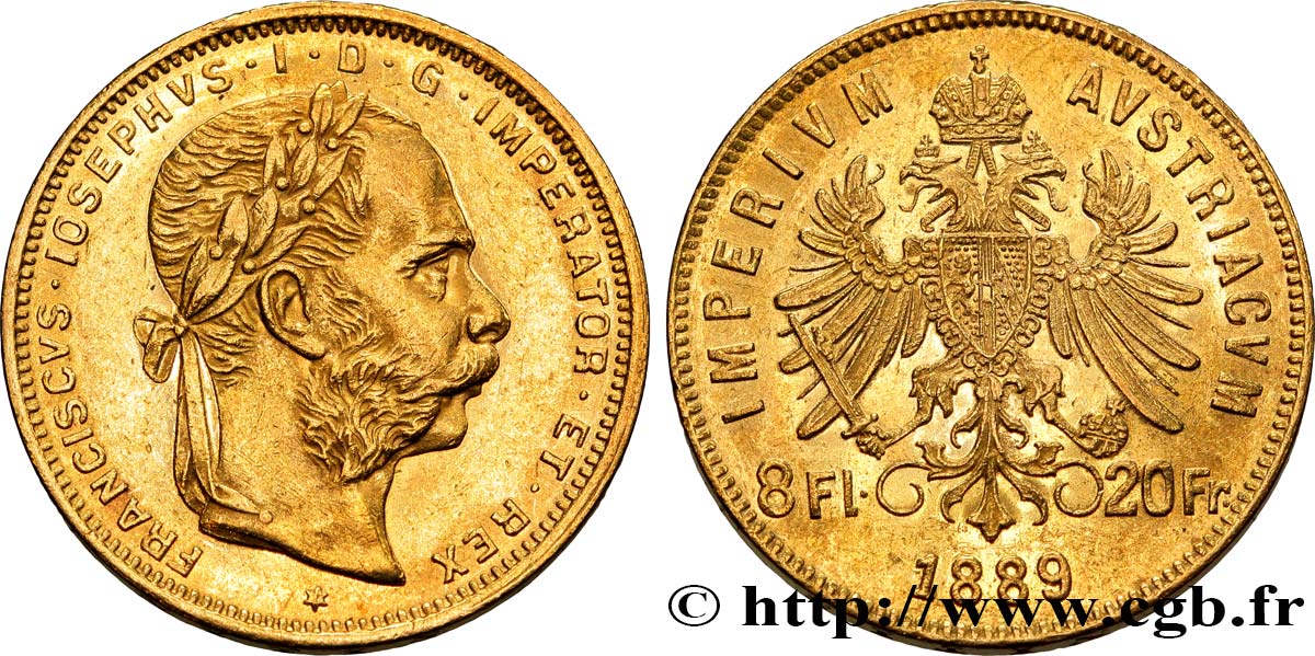 ÖSTERREICH 8 florins ou 20 francs François-Joseph Ier 1889 Vienne VZ 