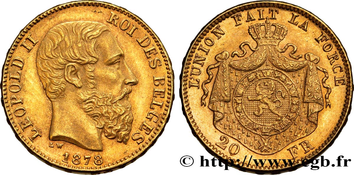 BELGIO 20 Francs Léopold II 1878 Bruxelles SPL 