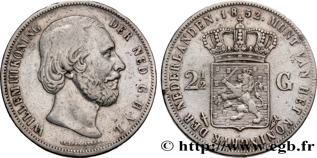NETHERLANDS 2 1/2 Gulden Guillaume III 1852 Utrecht VF 