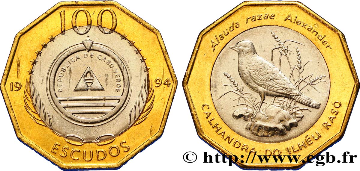 KAPE VERDE 100 Escudos série ornithologique  : emblème / Alauda razae (Alouette de Razo) 1994  VZ 