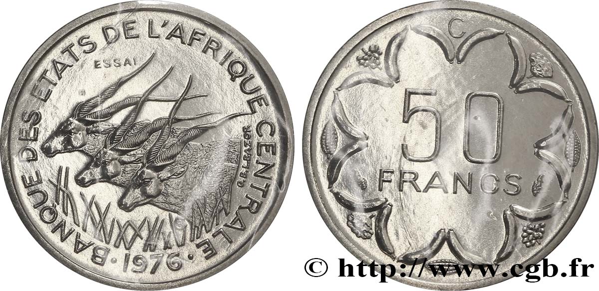 ÉTATS DE L AFRIQUE CENTRALE Essai de 50 Francs antilopes lettre ‘C’ Congo 1976 Paris FDC 