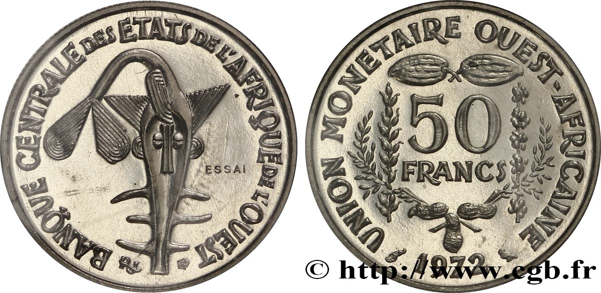 WEST AFRICAN STATES (BCEAO) Essai 50 Francs masque 1972 Paris MS70 
