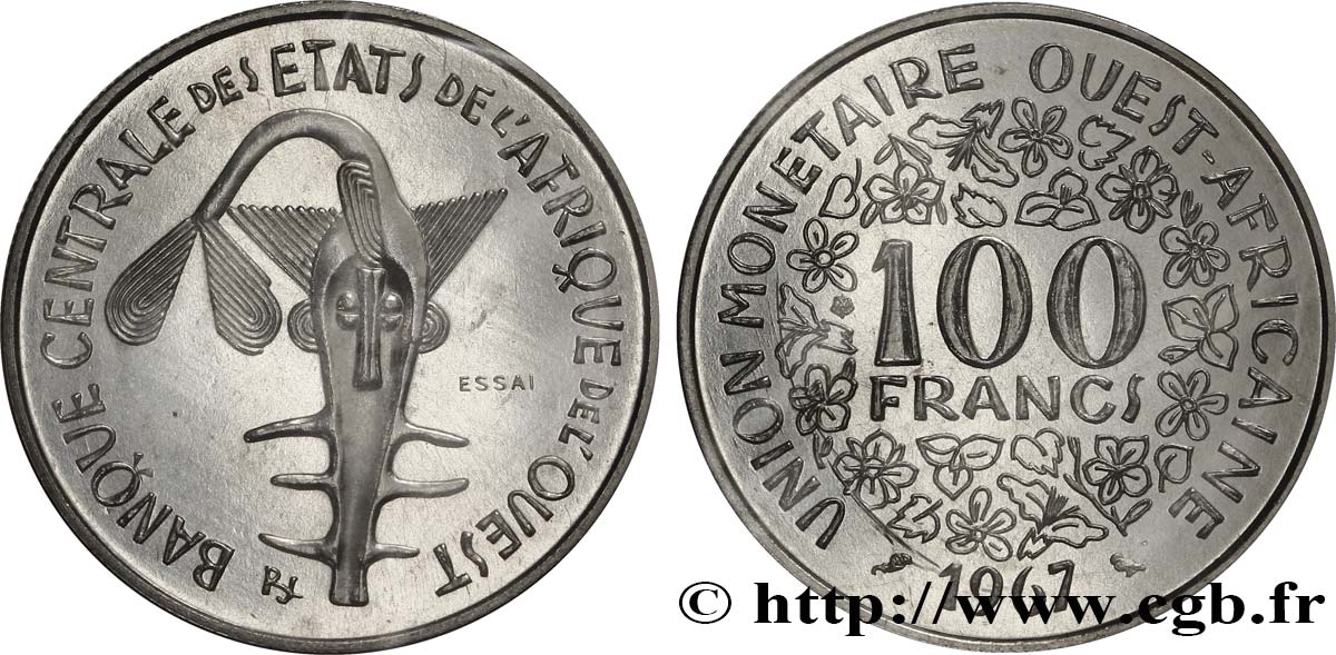 WEST AFRICAN STATES (BCEAO) Essai de 100 Francs masque sous sachet d’origine sans liseré tricolore 1967 Paris MS70 