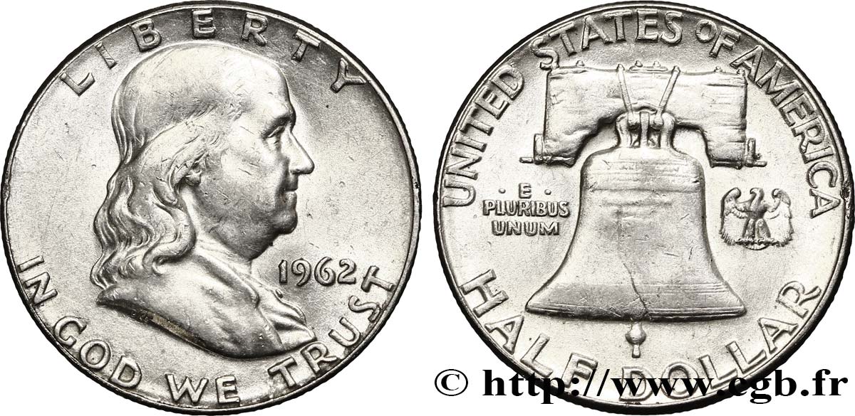 ESTADOS UNIDOS DE AMÉRICA 1/2 Dollar Benjamin Franklin 1962 Philadelphie MBC+ 