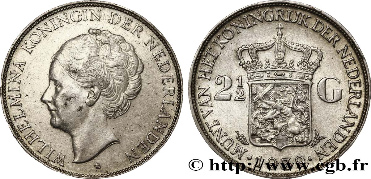 NIEDERLANDE 2 1/2 Gulden Wilhelmina 1939 Utrecht fVZ 