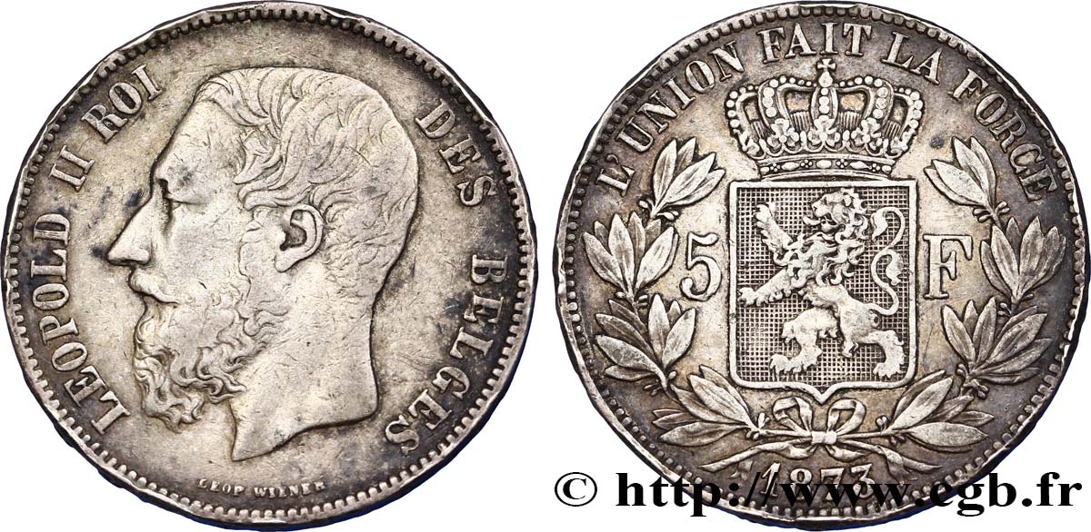 BELGIUM 5 Francs Léopold II tranche position A 1873  VF 