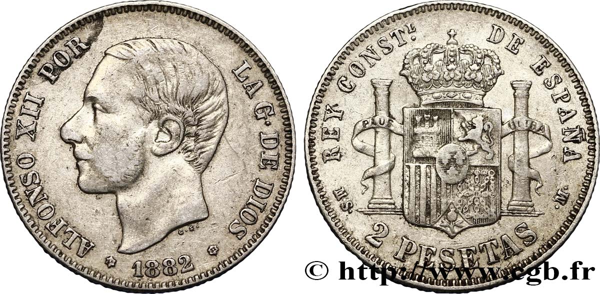 SPAIN 2 Pesetas Alphonse XII 1882  XF 