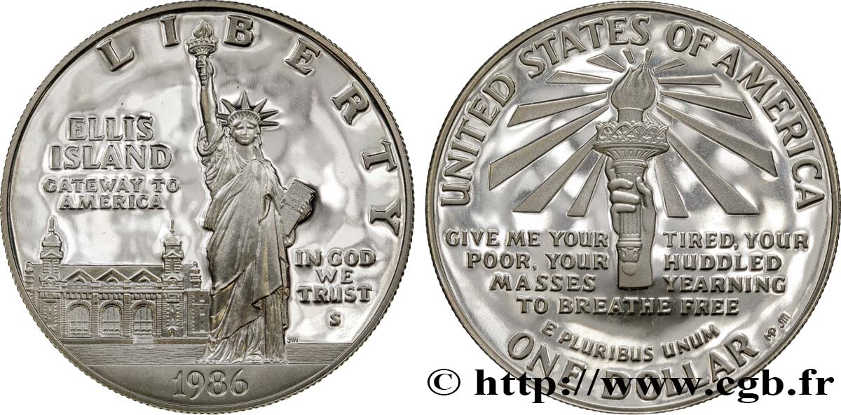 UNITED STATES OF AMERICA 1 Dollar Proof Statue de la Liberté, Ellis Island 1986 San Francisco MS 