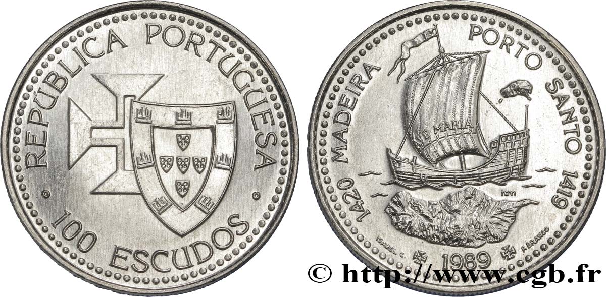 PORTOGALLO 100 Escudos Découvertes Portugaises de Madère 1420 et Porto Santo 1419 1989  MS 