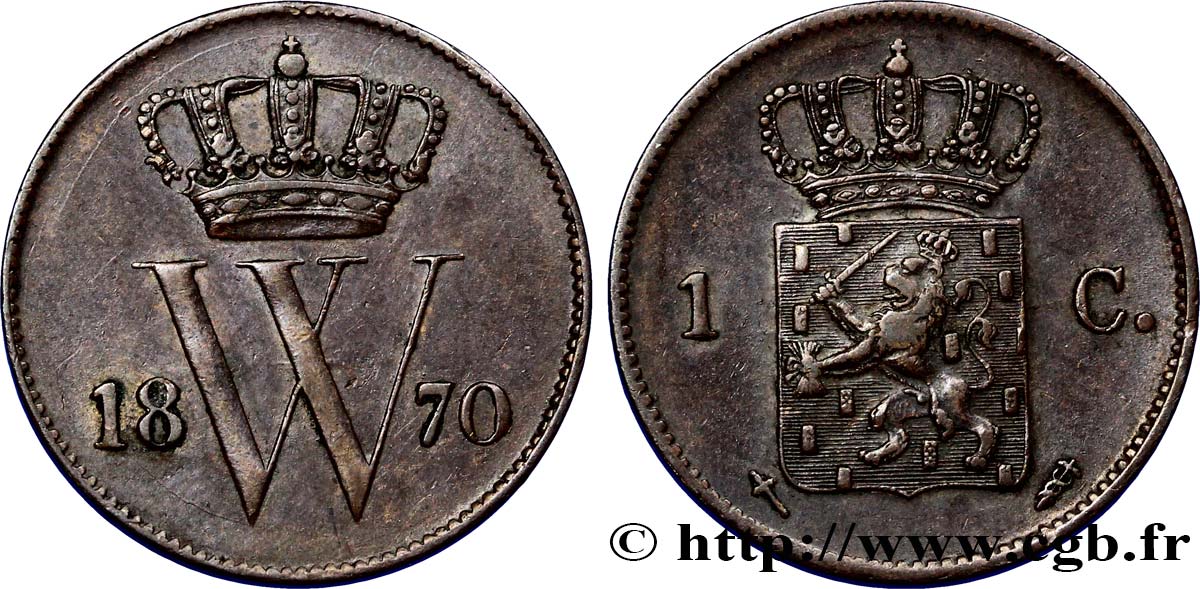 PAESI BASSI 1 Cent emblème monogramme de Guillaume III 1870 Utrecht q.SPL 