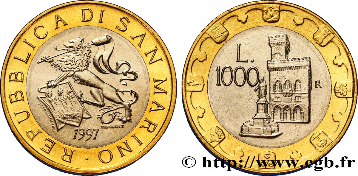 SAINT-MARIN 1000 Lire lion héraldique / le Palazzo Publico 1997 Rome  SPL 