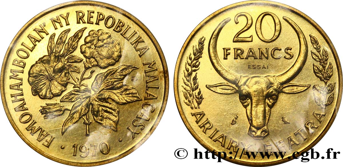MADAGASKAR Essai de 20 Francs - 4 Ariary buffle / fleurs 1970 Paris ST 