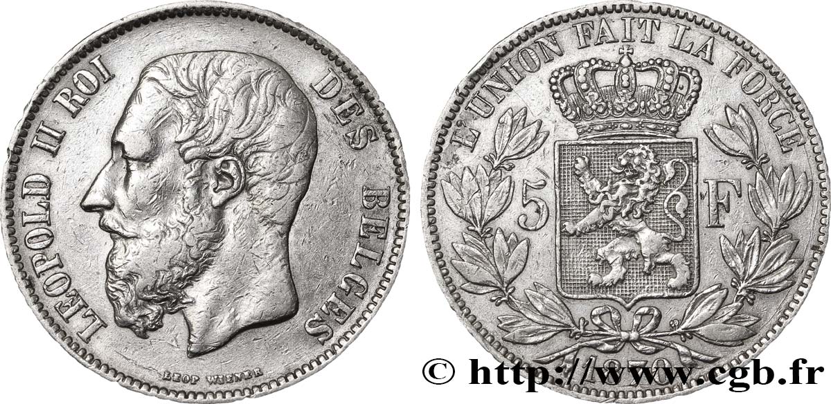 BELGIO 5 Francs Léopold II tranche A 1870  q.BB 