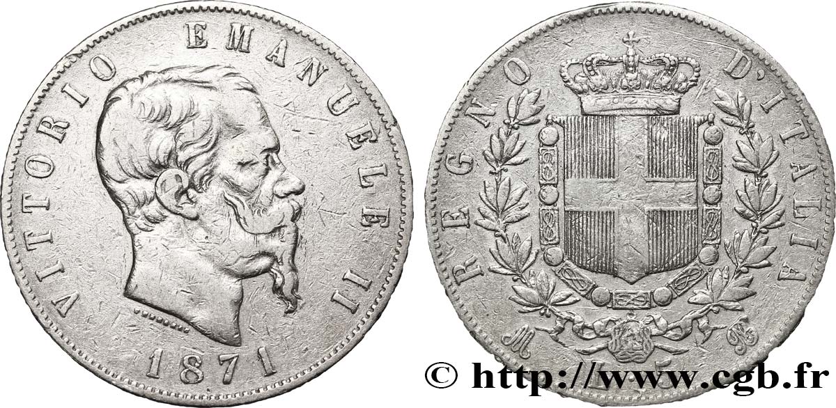 ITALIA 5 Lire Victor Emmanuel II 1871 Milan q.BB 
