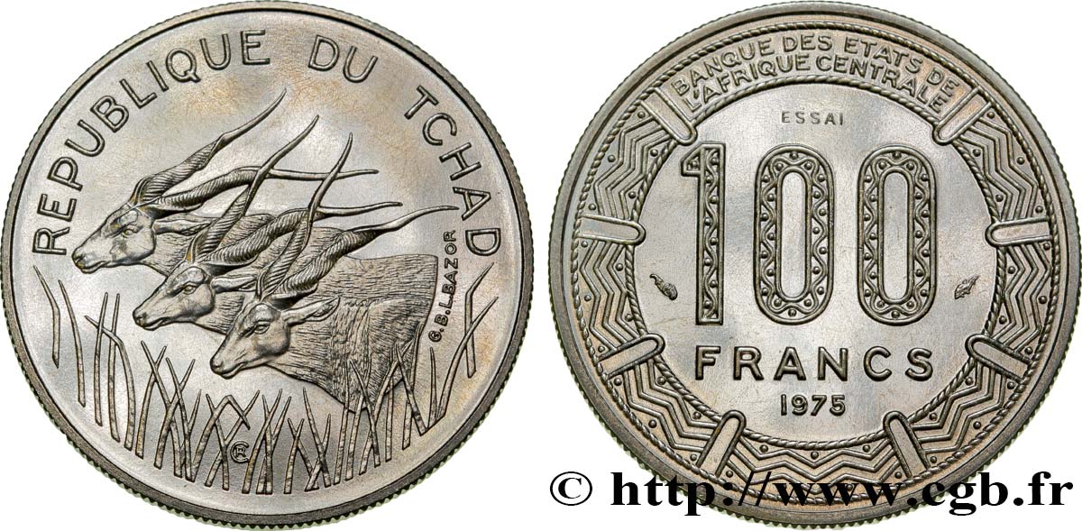 TSCHAD Essai de 100 Francs type “BEAC”, antilopes 1975 Paris ST 