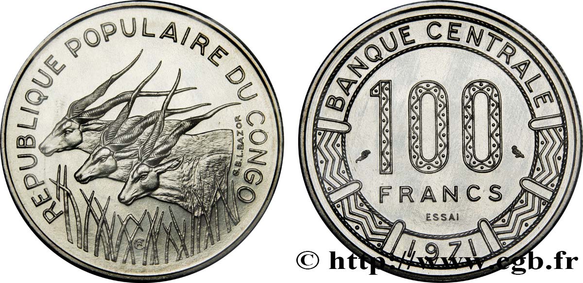 REPUBBLICA DEL CONGO Essai de 100 Francs type “Banque Centrale”, antilopes 1971 Paris FDC70 