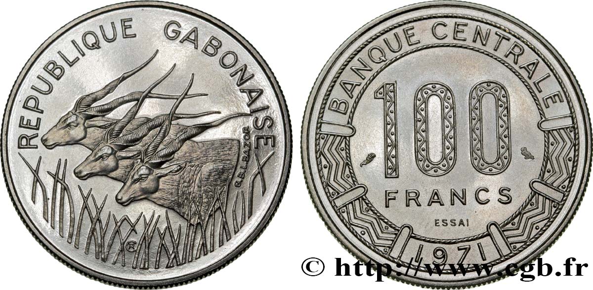 GABUN Essai de 100 Francs antilopes type “Banque Centrale” 1971 Paris ST 